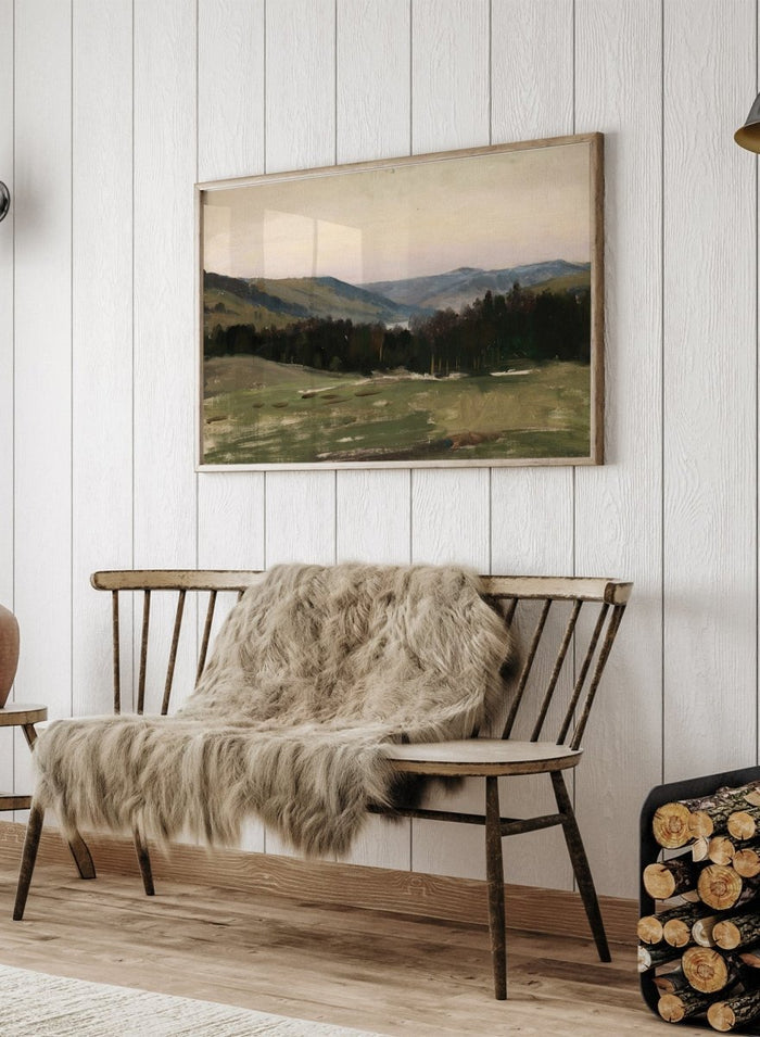Highland Landscape by Leon Wyczółkowski is a vintage mountain landscape print with layered blue peaks and green fields, a peaceful nature print.