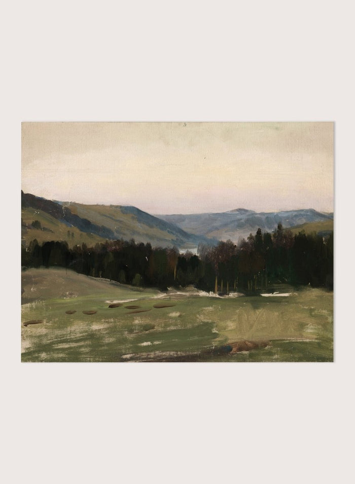 Highland Landscape by Leon Wyczółkowski is a vintage mountain landscape print with layered blue peaks and green fields, a peaceful nature print.