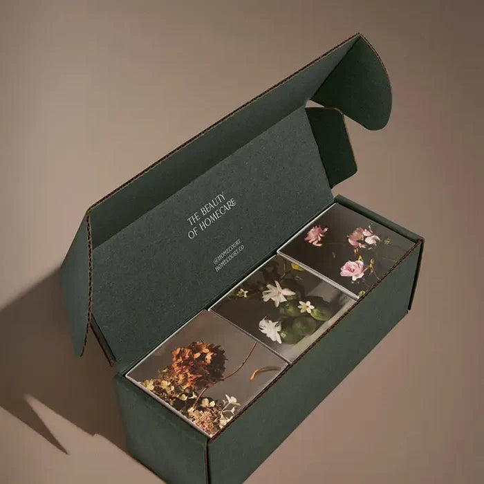 Homecourt Mini Candle Discovery Set of three clay votive candles in Steeped Rose, Cece, and Neroli Leaf scents