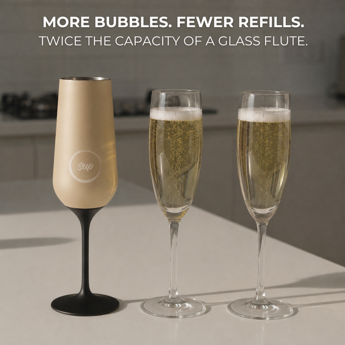 Insulated champagne flute with two glasses of champagne on a neutral background