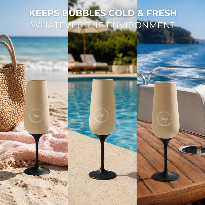 Collage of a insulated champagne flute with a cover in various settings including beach, poolside, and boat.