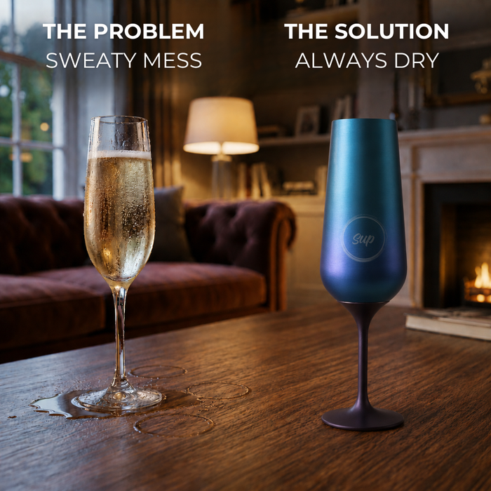 insulated champagne flute 'The Solution' next to a glass of champagne on a wooden table in a cozy room.