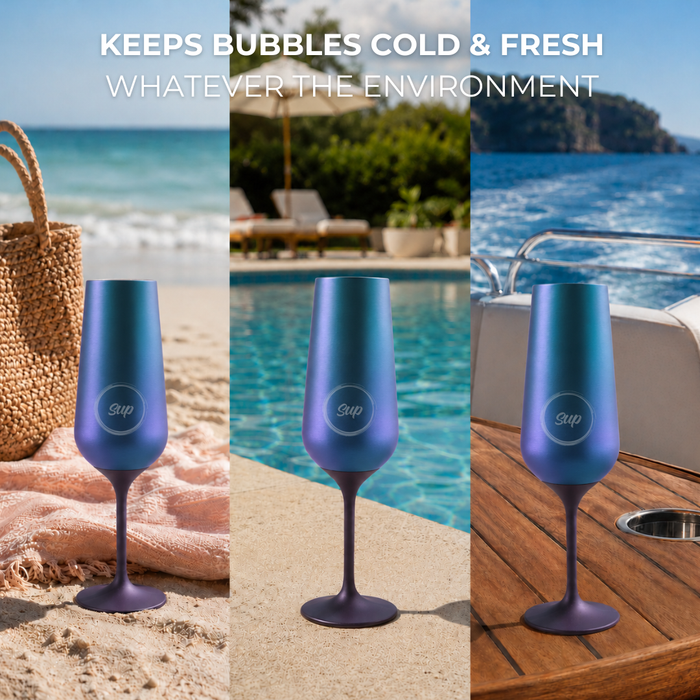 insulated champagne flute with 'Sup' logo on a beach, poolside, and boat deck.