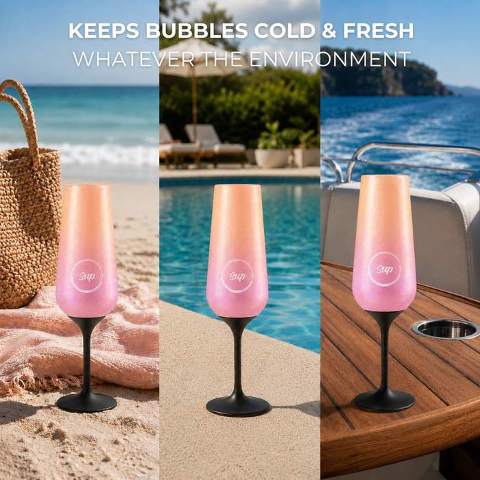 Collage of a insulated champagne flute  in various settings, including beach, poolside, and boat.