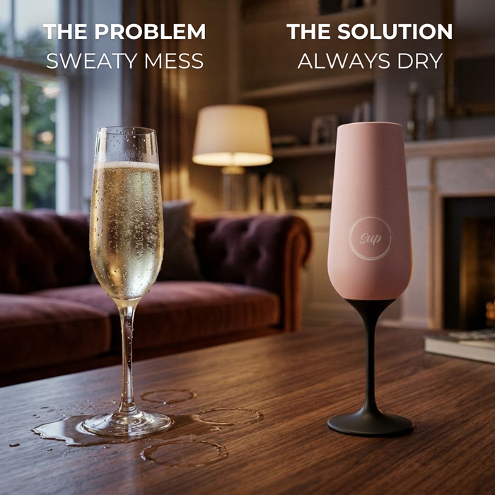 Insulated champagne flute demonstrating it's insulation ability and condensation control