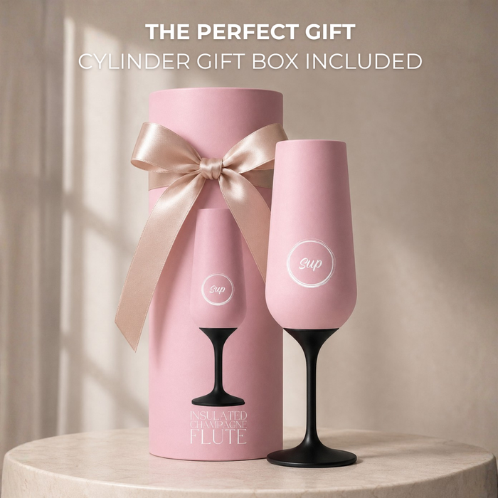 insulated champagne flute gift with gift box packaging sitting on a plinth gifting for prosecco and champagne