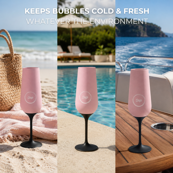 Pink insulated champagne flute with black base in various settings including beach, poolside, and boat.