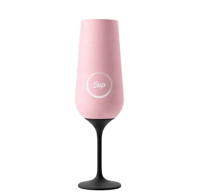 Pink insulated champagne flute with black base on a white background