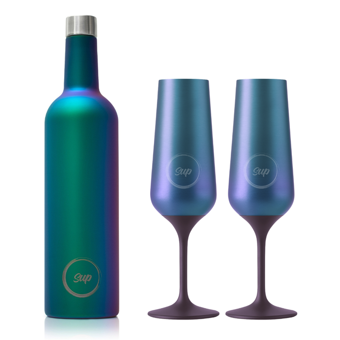 Insulated Wine Bottle & 2 Champagne Flute Gift Set Galaxy