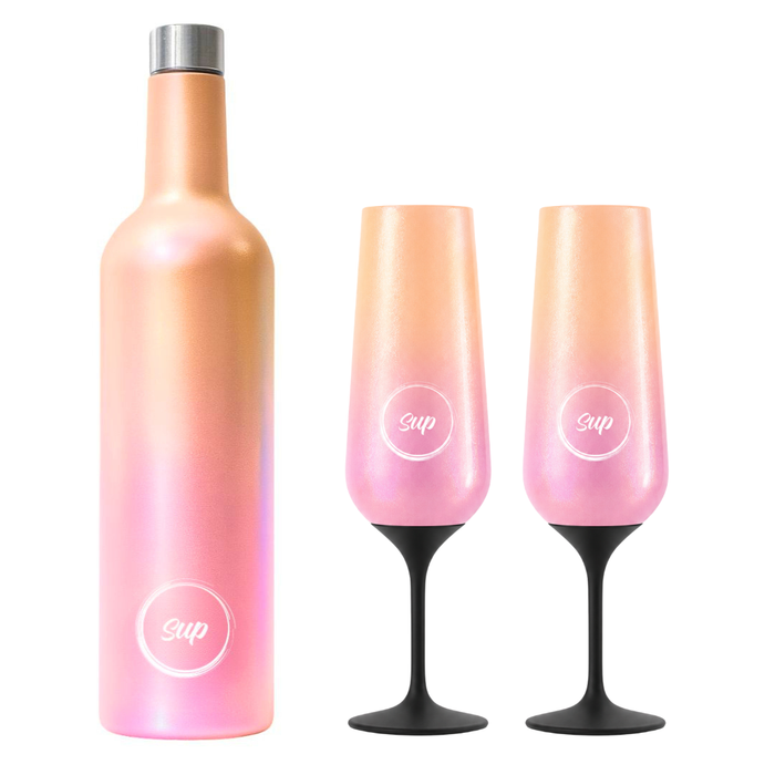 Insulated Wine Bottle & 2 Champagne Flute Gift Set Ombre