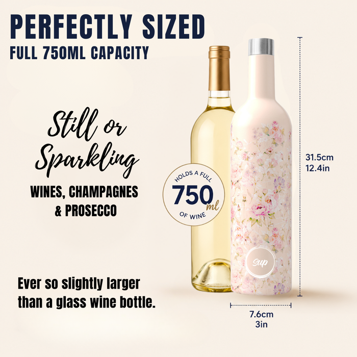 A 750ml insulated wine bottle with a light pink floral print and a gold cap, shown alongside a standard white wine bottle for size comparison. The image includes text detailing the bottle's dimensions (31.