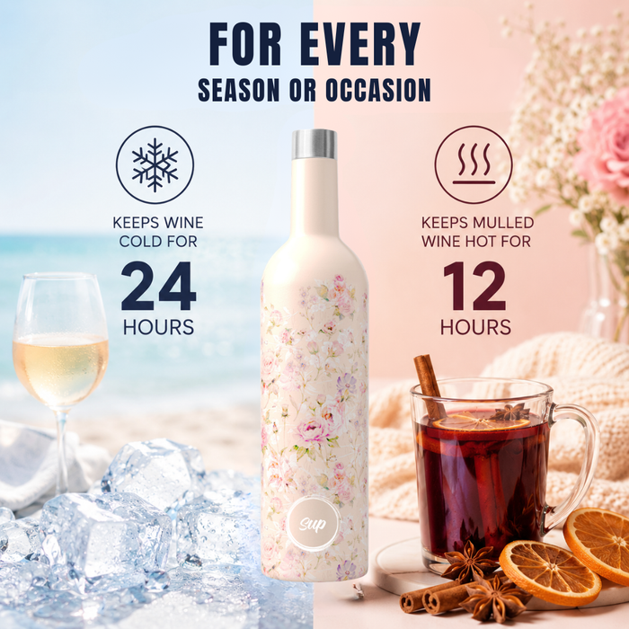 A floral insulated wine bottle centered in a promotional lifestyle graphic, with a wine glass on the left and a mug of mulled wine on the right. Text reads 'FOR EVERY SEASON OR OCCASION' and highlights 24-hour cold retention and 12-hour hot retention.
