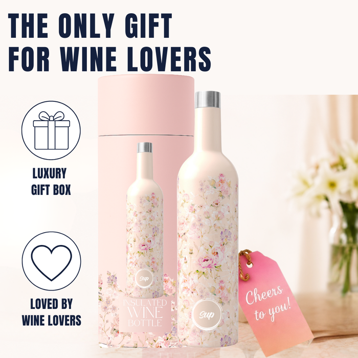 A floral wine bottle and matching gift box set with promotional text reading 'THE ONLY GIFT FOR WINE LOVERS,' plus icons for luxury gift box and loved by wine lovers, and a pink 'Cheers to you!' tag.