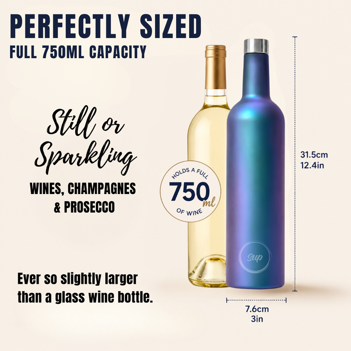 A 750ml insulated wine bottle shown in two colors: a gold-capped white wine bottle and a metallic blue-purple bottle. The image includes text highlighting its 750ml capacity and dimensions of 31.