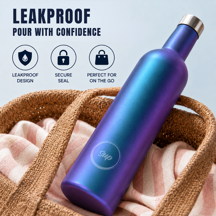 A leakproof insulated wine bottle with a blue-to-purple gradient finish, resting on a pink striped cloth inside a brown woven tote bag. The image includes marketing text and icons highlighting its leakproof design, secure seal, and portability.