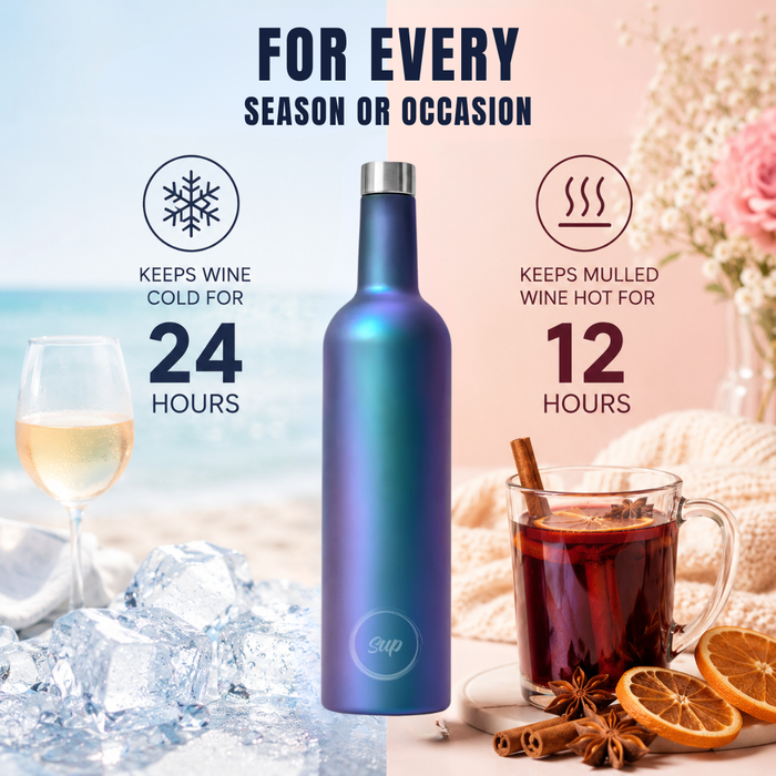 A blue-to-purple insulated wine bottle centered on a split beach-and-kitchen background, with text claiming it keeps wine cold for 24 hours and mulled wine hot for 12 hours. A wine glass, ice, flowers, and a mug with cinnamon and orange slices are shown around it.