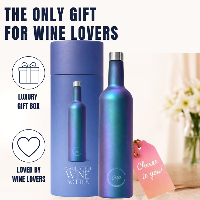 An insulated wine bottle with an iridescent blue-purple finish stands next to its matching cylindrical gift box. The bottle has a silver cap and a small circular logo near the base.
