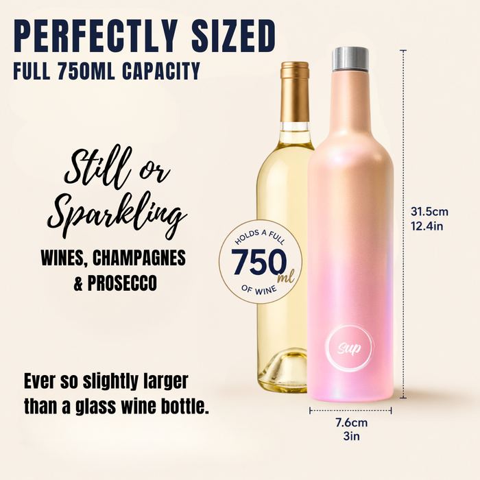 A pink insulated wine bottle with a silver cap shown alongside a standard white wine bottle for size comparison. The image includes text stating 'PERFECTLY SIZED FULL 750ML CAPACITY' and 'Still or Sparkling' with dimensions marked on the pink bottle.