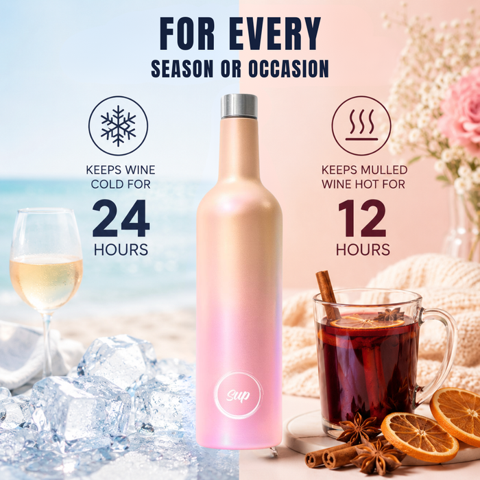 A pink-to-rose gold gradient insulated wine bottle with a silver cap, shown in a promotional lifestyle layout with wine glass, iced water, and a mug of mulled wine. Text highlights keeping wine cold for 24 hours and hot for 12 hours.