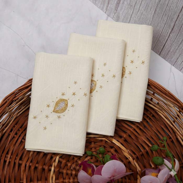 Ivory Cream Zardozi Embroidered Cotton Rumal | 21x21 inch