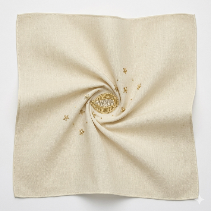 Ivory Cream Zardozi Embroidered Cotton Rumal | 21x21 inch