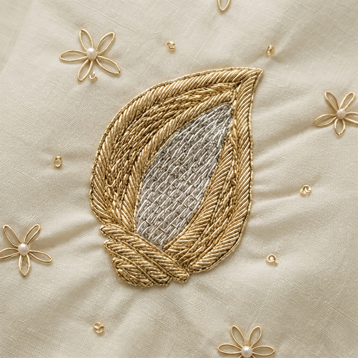 Ivory Cream Zardozi Embroidered Cotton Rumal | 21x21 inch