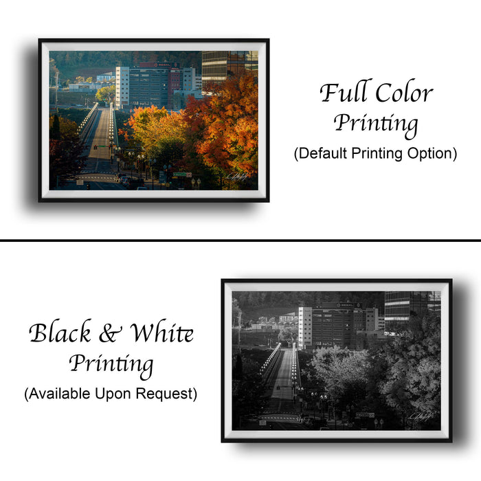 The image is a collage of two framed photographs. The top photograph is a full color print of a cityscape with trees in autumn colors, while the bottom photograph is a black and white print of the same cityscape. Both photographs are framed and available upon request.