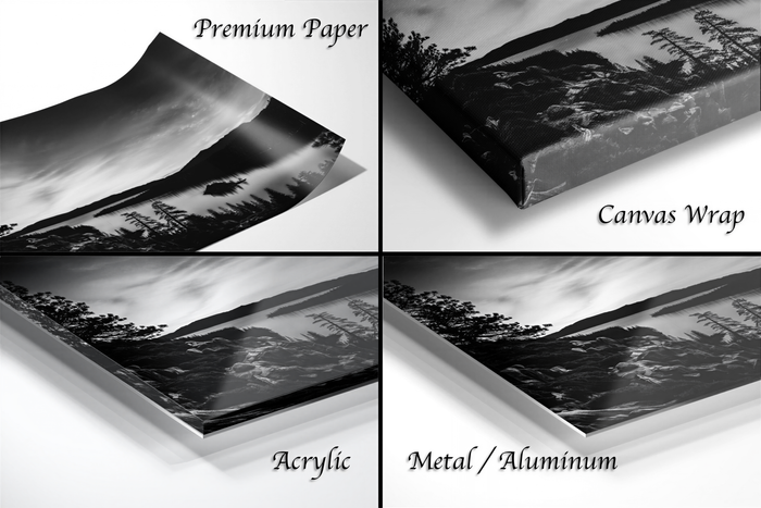 The image is a collage of four different types of print materials, including premium paper, canvas wrap, acrylic, and metal/aluminum.