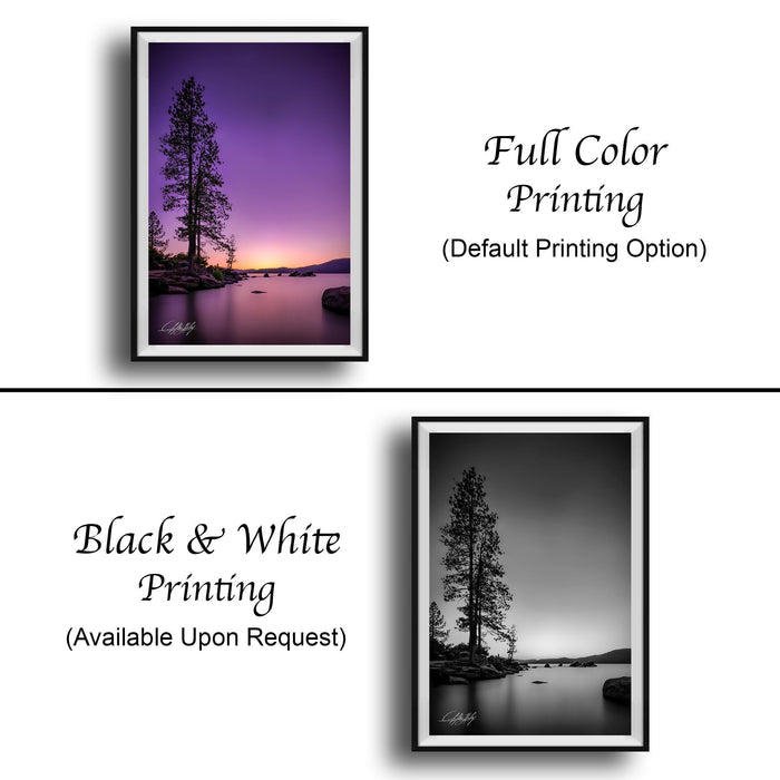 The image is a collage of two framed pictures, one in black and white and the other in full color. The black and white picture depicts a tree and a lake, while the full color picture shows a sunset over the lake. Both pictures are framed and available upon request.