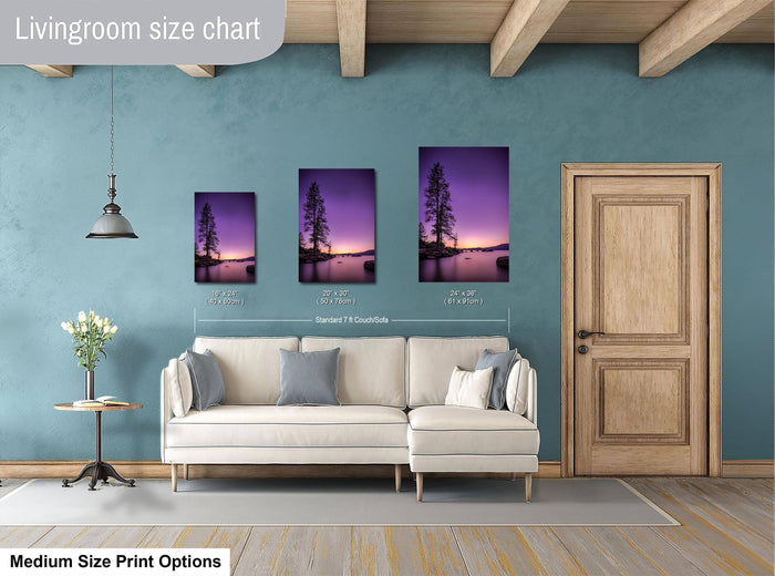 a living room with a white sofa and a wooden door. There are three framed pictures of trees hanging on the wall, and the room has a blue wall. The living room size chart indicates that the sofa is approximately 7 feet long and the door is around 7 feet tall.