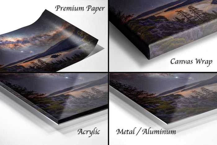 The image is a collage of four different views of a landscape painting, including a premium paper, a canvas wrap, an acrylic, and a metal/aluminum.