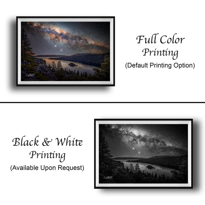 The image is a collage of two framed photographs depicting a night sky with a galaxy and a lake. The top photograph is a full color print, while the bottom photograph is a black and white print. Both images are framed and available upon request.