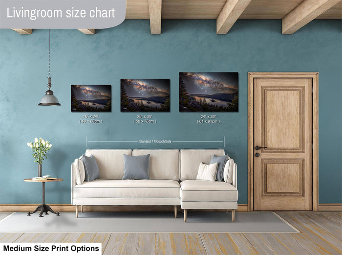 a living room with a white sofa and a wooden door. Above the sofa, there is a livingroom size chart that provides the dimensions of three framed landscape paintings in inches.