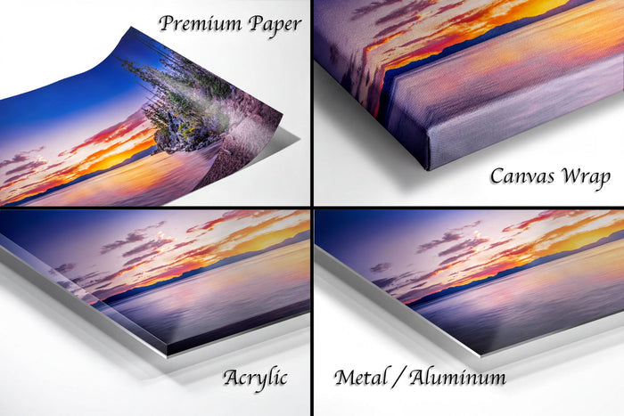 The image is a collage of four different images, each depicting a sunset over a body of water. The images are labeled as "Premium Paper", "Canvas Wrap", "Acrylic", and "Metal/Aluminum".