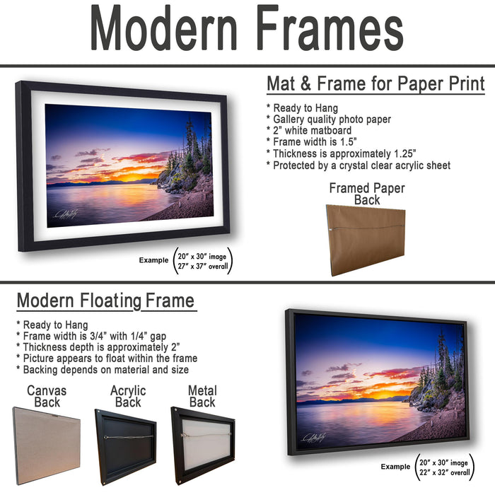 The image is a collage of two framed pictures, one of a sunset and one of a beach, both featuring a mat and frame. The mat and frame are described as modern, with a focus on the mat and frame for paper print, and the mat and frame for a floating frame. The images are labeled with their respective sizes and backings, such as "Mat & Frame for Paper Print" and "Modern Floating Frame".