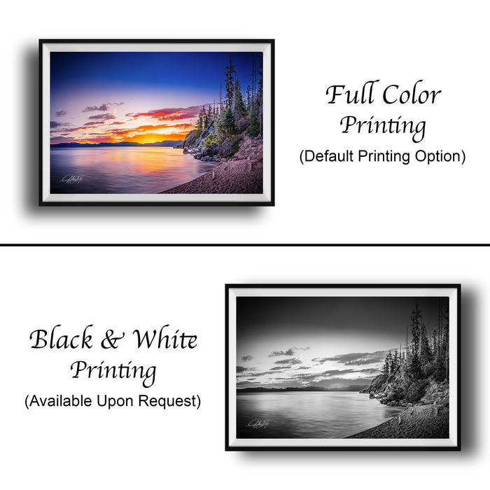 The image is a collage of two framed pictures. The top picture is a full color print of a sunset over a lake, while the bottom picture is a black and white print of the same sunset over the lake. Both pictures are framed and available upon request.