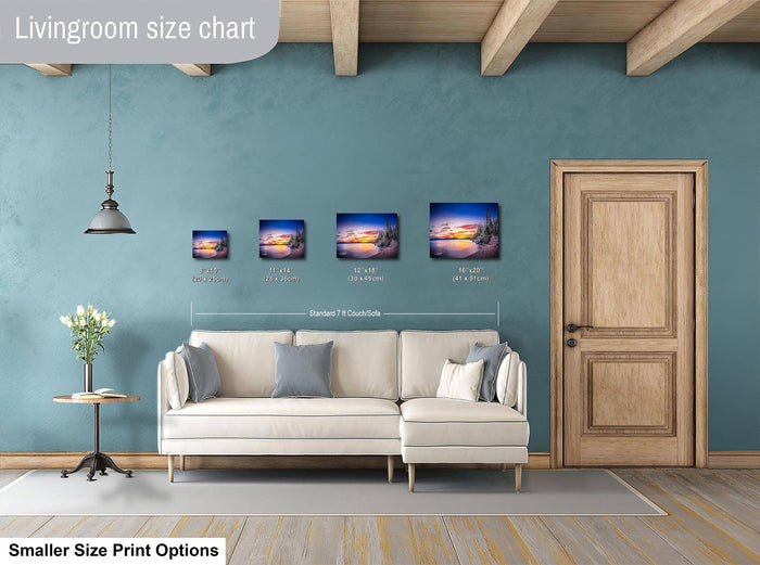 a living room with a white sofa, a wooden door, and a hanging light fixture. Above the sofa, there is a size chart indicating the dimensions of the artwork displayed on the wall.