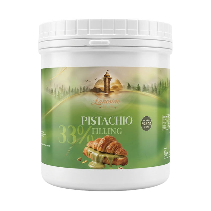 Lakeside Cocoa 33% Pistachio Filling 1 kg product packaging,
Lakeside Cocoa 33% Pistachio Filling used in cakes, pastries, pralines, and chocolate bars,
Close-up of premium Lakeside Cocoa pistachio cream with a smooth texture and rich green color.