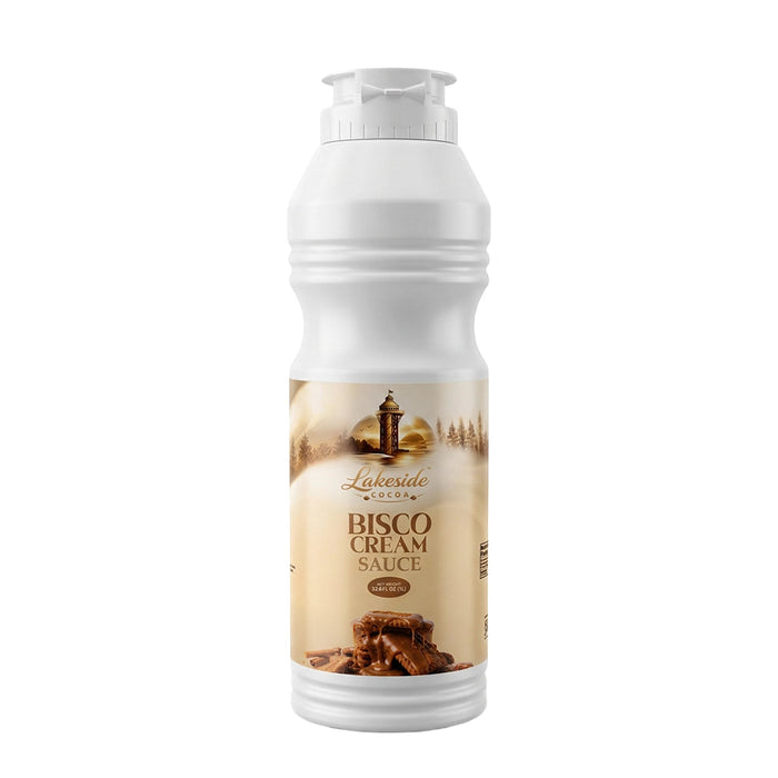 Lakeside Cocoa Bisco Cream Sauce 1 Liter product packaging,
Lakeside Cocoa Bisco Cream Sauce drizzled over cakes, waffles, pancakes, and desserts,
Premium Lakeside Cocoa caramelized biscuit dessert sauce for bakery and café applications