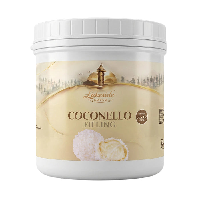 Lakeside Cocoa Coconello Filling 1 kg product packaging,
Lakeside Cocoa Coconello Filling used in cakes, pastries, chocolates, and desserts,
Close-up of Lakeside Cocoa Coconello coconut cream filling with a smooth texture