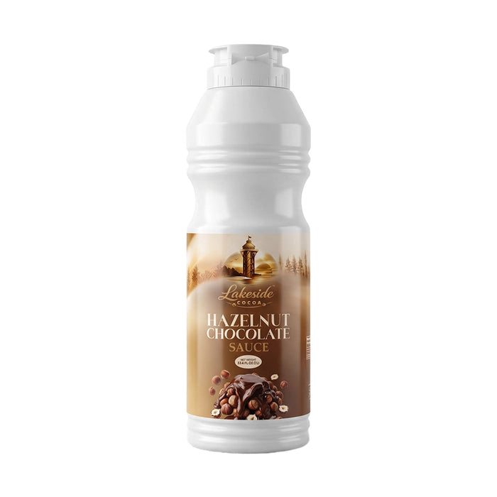Lakeside Cocoa Hazelnut Chocolate Sauce 1 Liter product packaging,
Lakeside Cocoa Hazelnut Chocolate Sauce drizzled over cakes, waffles, pancakes, and desserts,
Premium Lakeside Cocoa chocolate hazelnut dessert sauce for bakery and café applications