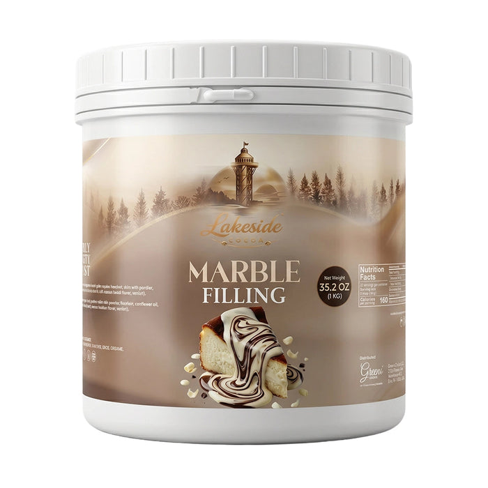 Lakeside Cocoa Marble Filling 1 kg product packaging,
Lakeside Cocoa Marble Filling used in cakes, pastries, chocolate bars, and desserts,
Premium Lakeside Cocoa marble cream combining white hazelnut and chocolate filling with a smooth texture.