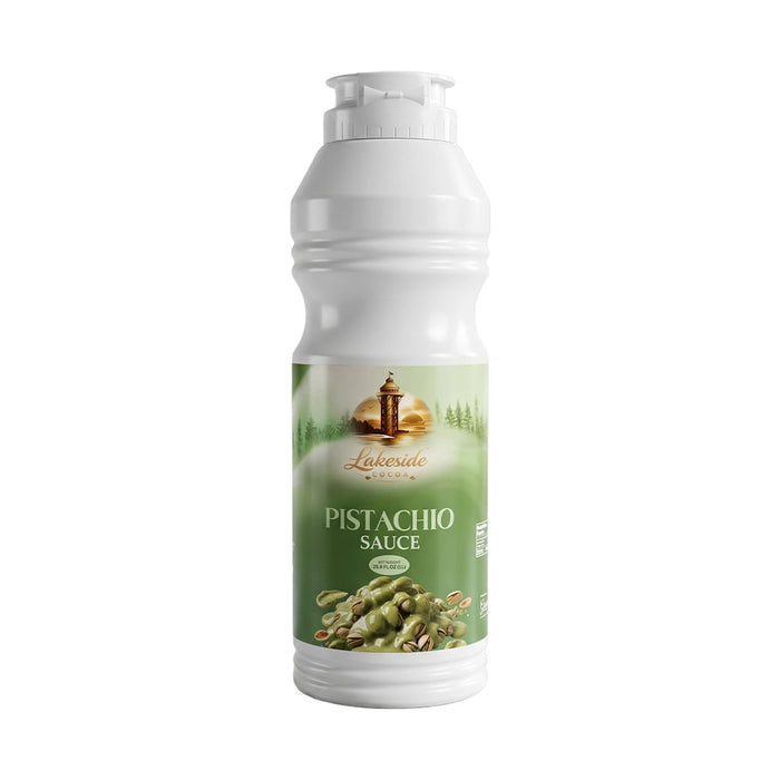 Lakeside Cocoa Pistachio Sauce 1 Liter product packaging,
Lakeside Cocoa Pistachio Sauce drizzled over cakes, waffles, pancakes, and desserts,
Premium Lakeside Cocoa pistachio dessert sauce for bakery and café applications