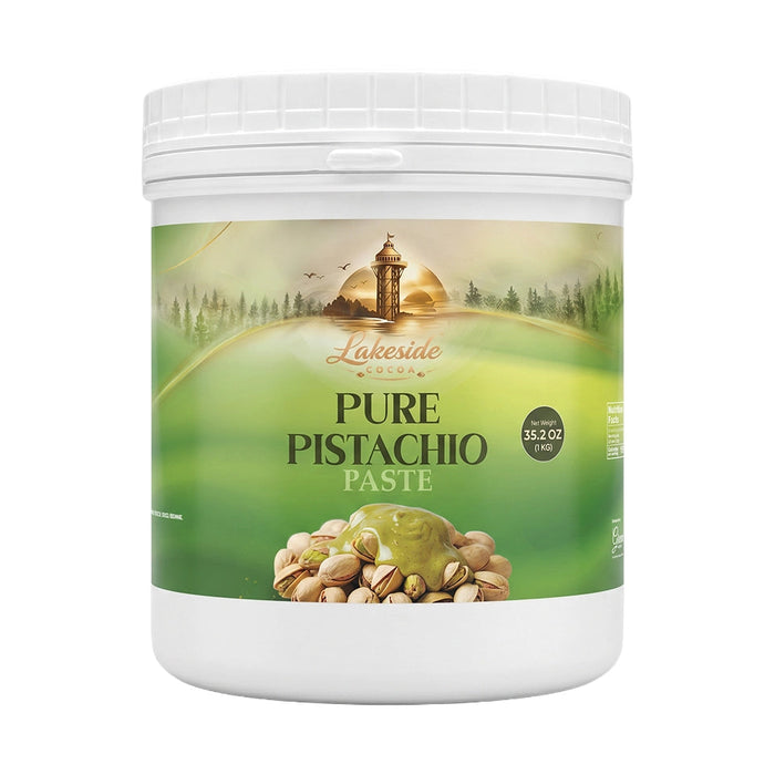 Lakeside Cocoa Pure Pistachio Paste 1 kg product packaging,
Lakeside Cocoa Pure Pistachio Paste used in gelato, creams, pastries, and chocolates,
Close-up of smooth roasted pistachio nut paste with a rich green color.