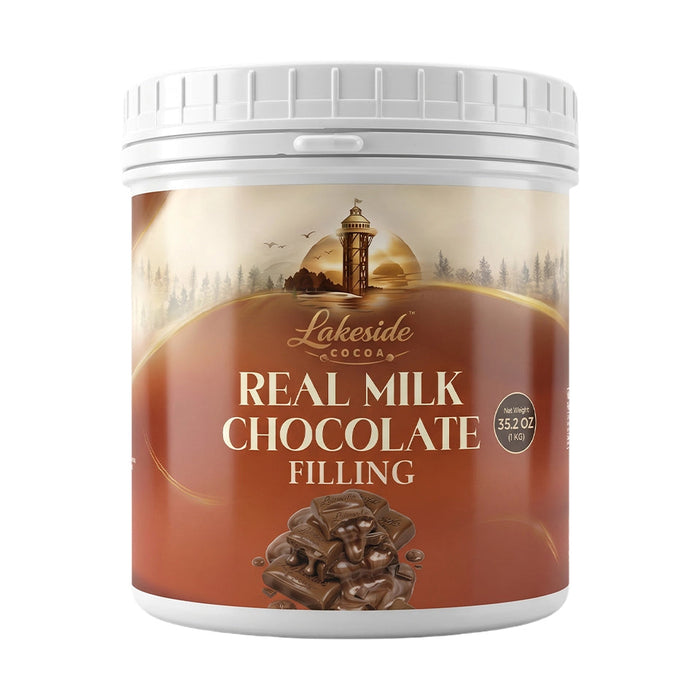 Lakeside Cocoa Real Milk Chocolate Filling 1 kg product packaging,
Lakeside Cocoa Real Milk Chocolate Filling used in cakes, pastries, chocolates, and desserts,
Premium Lakeside Cocoa real milk chocolate filling with a smooth, creamy texture for professional bakery applications.