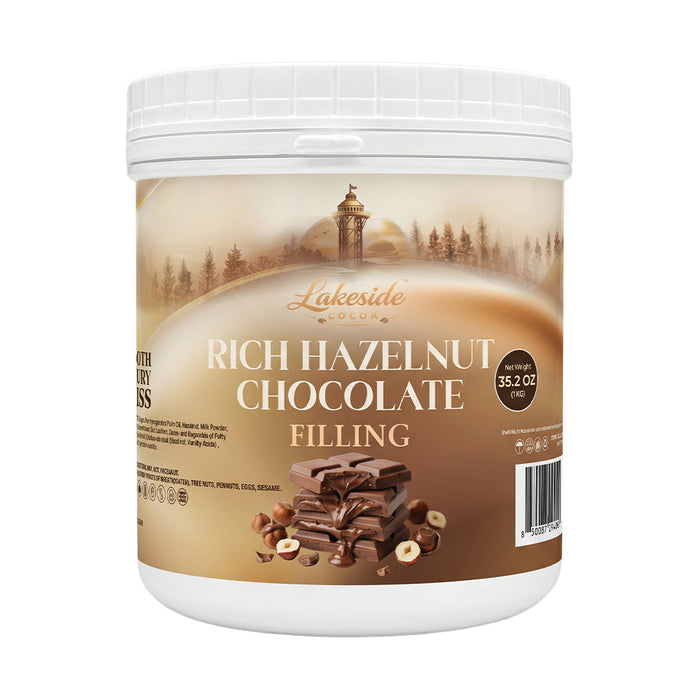 Lakeside Cocoa Rich Hazelnut Chocolate Filling 1 kg tub for bakery and pastry applications,
Smooth texture of premium rich hazelnut chocolate filling for cakes, pastries, chocolates, and desserts,
Lakeside Cocoa premium rich hazelnut chocolate filling for professional bakery and confectionery applications