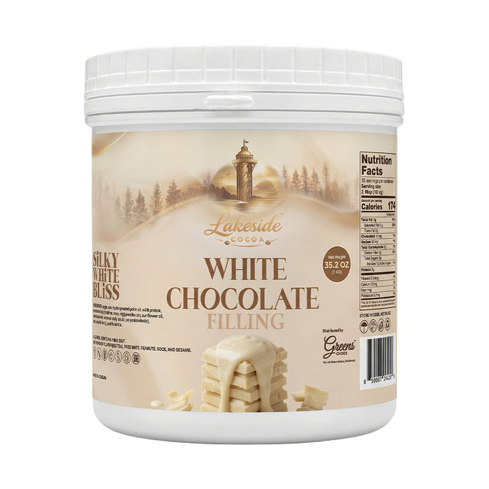 Lakeside Cocoa White Chocolate Filling 1 kg tub for bakery and pastry applications,
Smooth white chocolate filling used for cakes, rolls, pastries, and desserts,
Lakeside Cocoa premium white chocolate cream filling for professional bakery and confectionery use