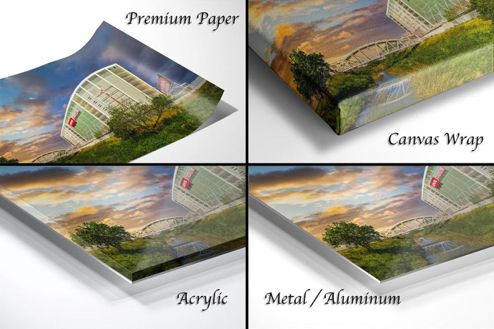 The image is a collage of four different views of a building, with each view showing a different angle or perspective of the building. The collage is labeled as "Premium Paper", "Canvas Wrap", "Acrylic", and "Metal/Aluminum".