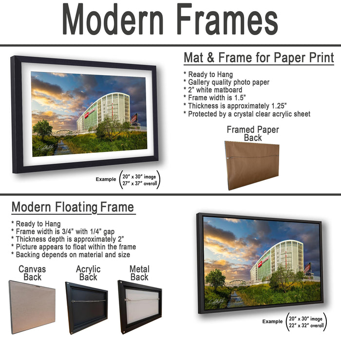 The image is a collage of two framed pictures, one of a building and one of a landscape, both featuring modern designs. The collage includes a mat and frame for a paper print, a mat and frame for a floating frame, and a mat and frame for a printed back. The images are described in terms of their frame types and the materials used, such as gallery quality photo paper, white matboard, and a crystal clear acrylic sheet.