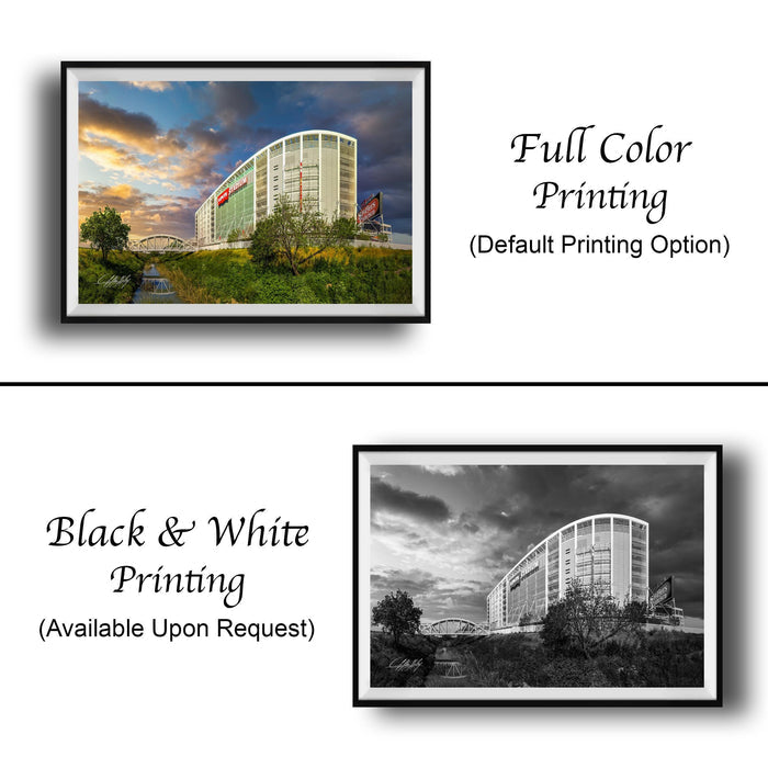 The image is a collage of two framed pictures. The top picture is a full color print of a building, while the bottom picture is a black and white print of the same building. The text below the images indicates that the full color printing is available upon request.